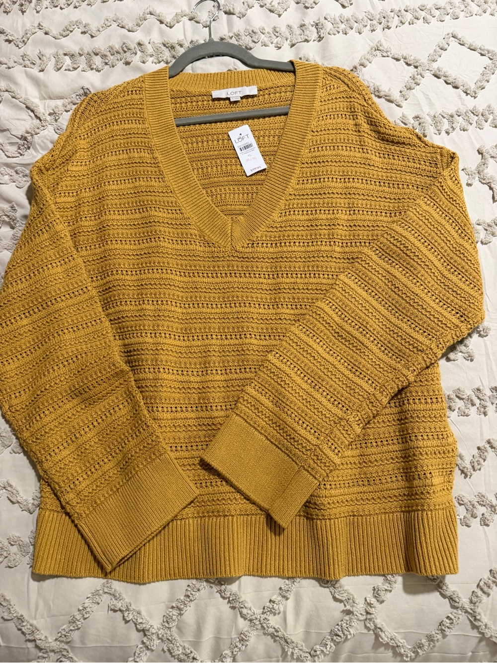 LOFT Women's Mustard Crochet-Texture V-Neck Sweater